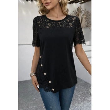 Biçomi Kadın Kısa Kollu Dantel Detaylı Yandan Düğmeli Waffle Bluz