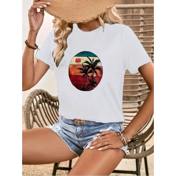 Biçomi Kadın Kısa Kollu Palmiye Baskılı Viskon T-shirt