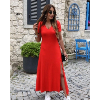 Biçomi Kadın Kısa Kollu V Yakalı Maksi Boy Viskon Elbise