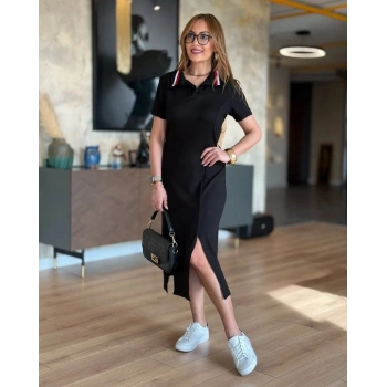 Biçomi Kadın Kısa Kollu Yakalı Yırtmaçlı Midi Viskon Iki Iplik Elbise