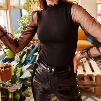 Biçomi Kadın Kolları Tül Detaylı örme Krep Kumaş Bluz