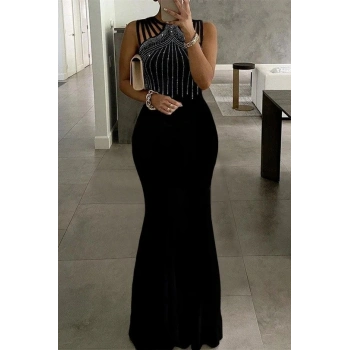 Biçomi Kadın Omuz çoklu Askılı önü Taş Işlemeli Balık Kesim Janjan Krep Maxi Boy Elbise