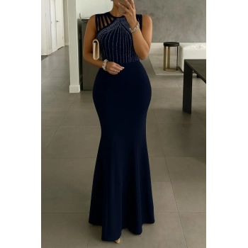 Biçomi Kadın Omuz çoklu Askılı önü Taş Işlemeli Balık Kesim Janjan Krep Maxi Boy Elbise