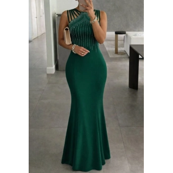 Biçomi Kadın Omuz çoklu Askılı önü Taş Işlemeli Balık Kesim Janjan Krep Maxi Boy Elbise