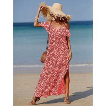 Biçomi Kadın Omuzlardan Açık Askılı Yırtmaçlı Desenli Uzun Süprem Elbise