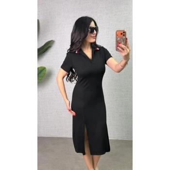 Biçomi Kadın Polo Yaka çift Yırtmaç Detay Modal Kumaş Midi Boy Elbise