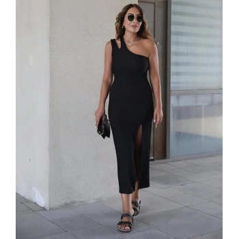Biçomi Kadın Sıfır Kol Tek Omuz Damla Detay JanJan Krep Elbise