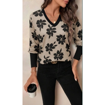 Biçomi Kadın Uzun Kollu V Yakalı Desenli Süprem Bluz