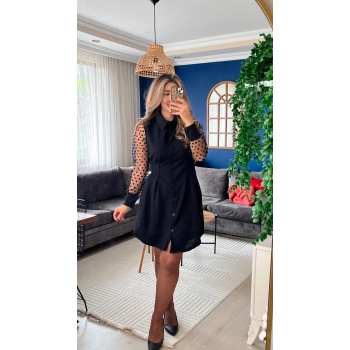 Biçomi Kadın Uzun Kollu Yakalı Düğmeli Mini Ithal Krep Elbise