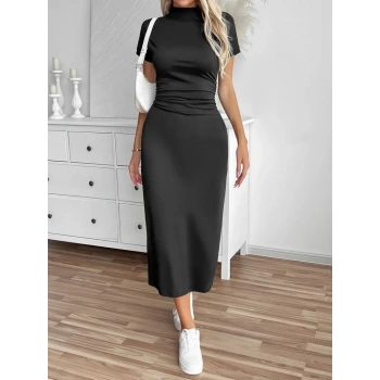 Biçomi Kadın Yarı Balıkçı Yaka Yırtmaçlı Dalgıç Midi Elbise