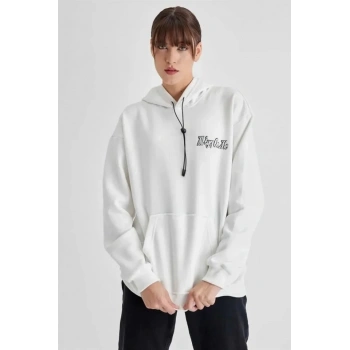 Biçomi Kapüşonlu Sırt Baskılı Üç İplik Oversize Sweatshirt - Beyaz