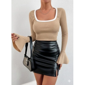 BİÇOMİ Kare yaka garni detay ispanyol kol bluz bej a3105