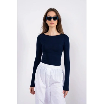 BİÇOMİ Kayık yaka uzun kollu bluz lacivert pt