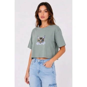 Biçomi Kedi Baskılı Oversize Crop Tişört Salaş Basic Yarım Kol T-shirt - Mint Yeşili