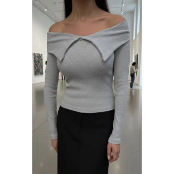 BİÇOMİ Kelebek yaka uzun kol bluz Gri