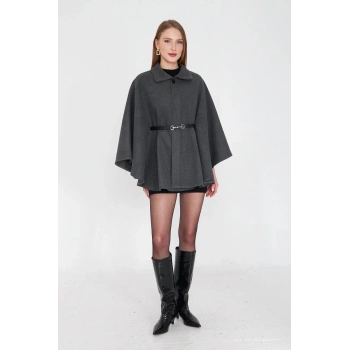 BİÇOMİ Kemerli kaşe panço antrasit pt