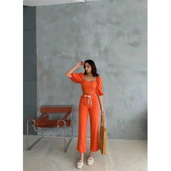 Biçomi KETEN CROP KARPUZ KOL BLUZ-PANTOLON HASIR KEMERLİ - Orange