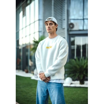 Biçomi Kışlık Bisiklet Yaka Baskılı SweatShirt - Beyaz