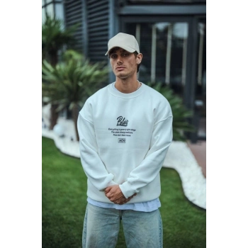 Biçomi Kışlık Bisiklet Yaka Ön Ve Arka Baskılı SweatShirt - Beyaz