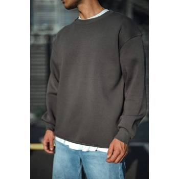 Biçomi Kışlık Bisiklet Yaka Üç İplik Basic SweatShirt - Antrasit