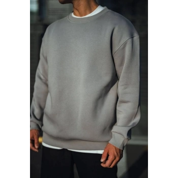 Biçomi Kışlık Bisiklet Yaka Üç İplik Basic SweatShirt - Boyalı Gri