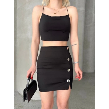 BİÇOMİ Likralı gabardin dört düğmeli etek