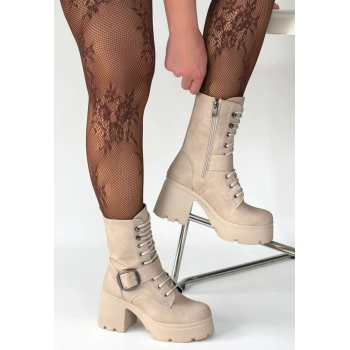 BİÇOMİ Linma Bej Nubuk Bağcıklı Topuklu Bot