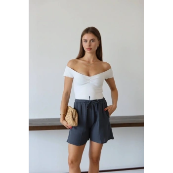 BİÇOMİ Müslin kumaş şort bağcıklı antrasit pt