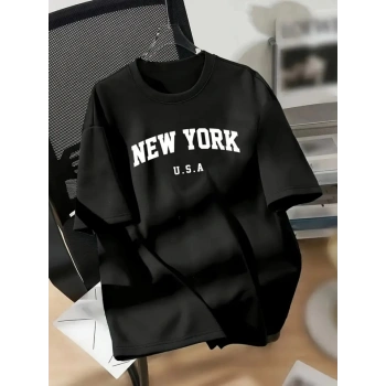 Biçomi New York Baskılı Oversize Bisiklet Yaka T-shirt - Siyah