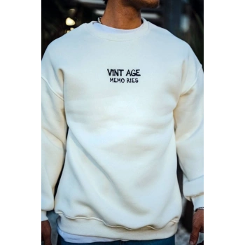 Biçomi Oversize Bisiklet Yaka Üç İplik Baskılı SweatShirt - Beyaz