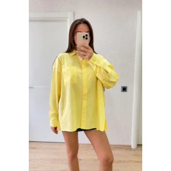 Biçomi Oversize Pens Detaylı Cepli Yırtmaçlı Rahat Kalıp Poplin Gömlek - Sarı