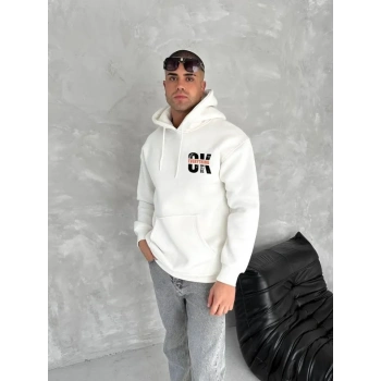 Biçomi Oversize Üç İplik Kapüşonlu SweatShirt - Beyaz