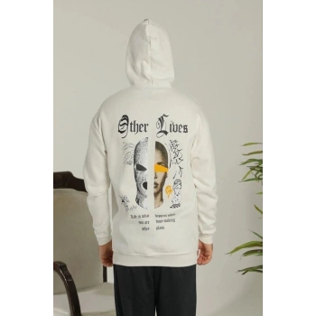 Biçomi Oversize Üç İplik Şardonlu Kapüşonlu Sweatshirt – Beyaz “Other Lives” Ön Ve Arka Baskılı, Kanguru Cepli, Ribanalı Rahat Kışlık Model Beyaz