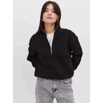 Biçomi Oversize Yarım Farmuarlı Yakalı Basic SweatShirt - Siyah