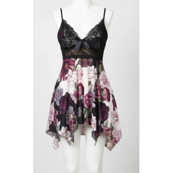 Bicomi Özel Tasarım Çiçek Desenli İnce Askılı Dantel İşlemeli Bol Kesim Mini Gecelik