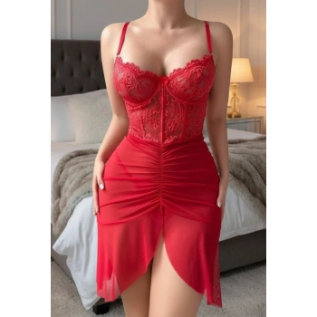 Bicomi Özel Tasarım Kırmızı Dantel İşlemeli Korse Görünümlü Önden Büzgülü Fantezi Tül Gecelik