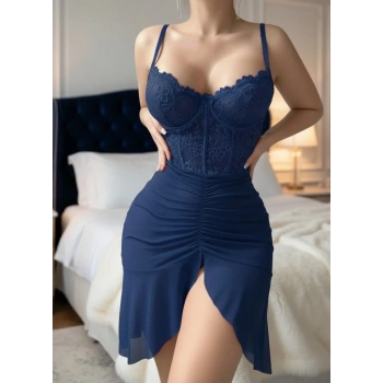 Bicomi Özel Tasarım Lacivert Dantel İşlemeli Korse Görünümlü Önden Büzgülü Fantezi Tül Gecelik