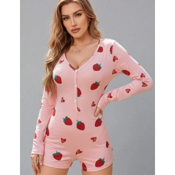 Bicomi Pamuklu Pembe Çilek Desenli Tulum Pijama