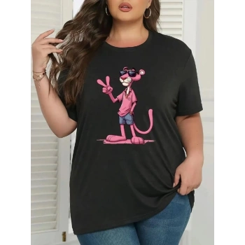 Biçomi Pembe Panter Baskılı Oversize Bisiklet Yaka T-shirt - Beyaz