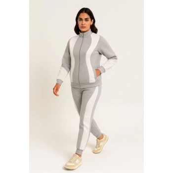 Biçomi Premium Parçalı Eşofman Takım - Dik Yaka Fermuarlı Sweatshirt - Gri