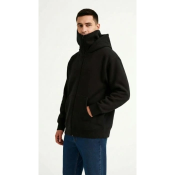 Biçomi Samuray Ninja Çift Kapüşonlu ZIP Fermuarlı Kanguru Cepli Tam Fermuarlı Hoodie Sweatshirt - Siyah