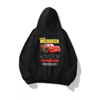 Biçomi Sevgililer Günü Araba Baskılı Oversize Kapüşonlu Sweatshirt Hoodie - Siyah