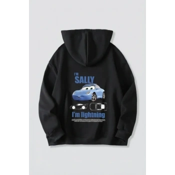 Biçomi Sevgililer Günü Araba Temalı Baskılı Oversize Kapüşonlu Sweatshirt Hoodie - Siyah
