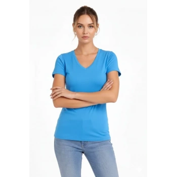 Biçomi T-Shirt V Yaka Slim Fit Likralı Tişört Günlük Basic Body - Açık Mavi