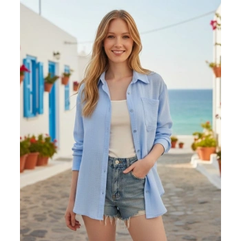 BİÇOMİ Tek cepli müslin gömlek mavi pt