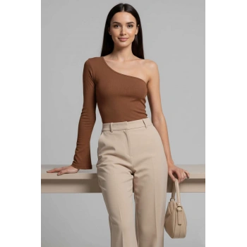 BİÇOMİ Tek Omuzlu Basic Bluz kahve T4275