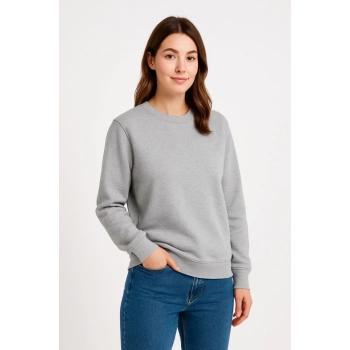 Biçomi Üç İplik Düz Bisiklet Yaka SweatShirt - Gri