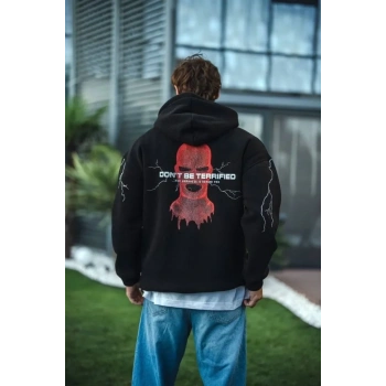 Biçomi Üç İplik Kapüşonlu Baskılı Oversize SweatShirt- Siyah