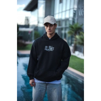Biçomi Üç İplik Penye Kapşonlu Baskılı SweatShirt - Siyah