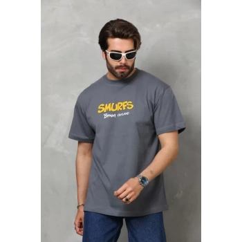 Biçomi Unisex Basic Bisiklet Yaka Oversize T-Shirt - Füme